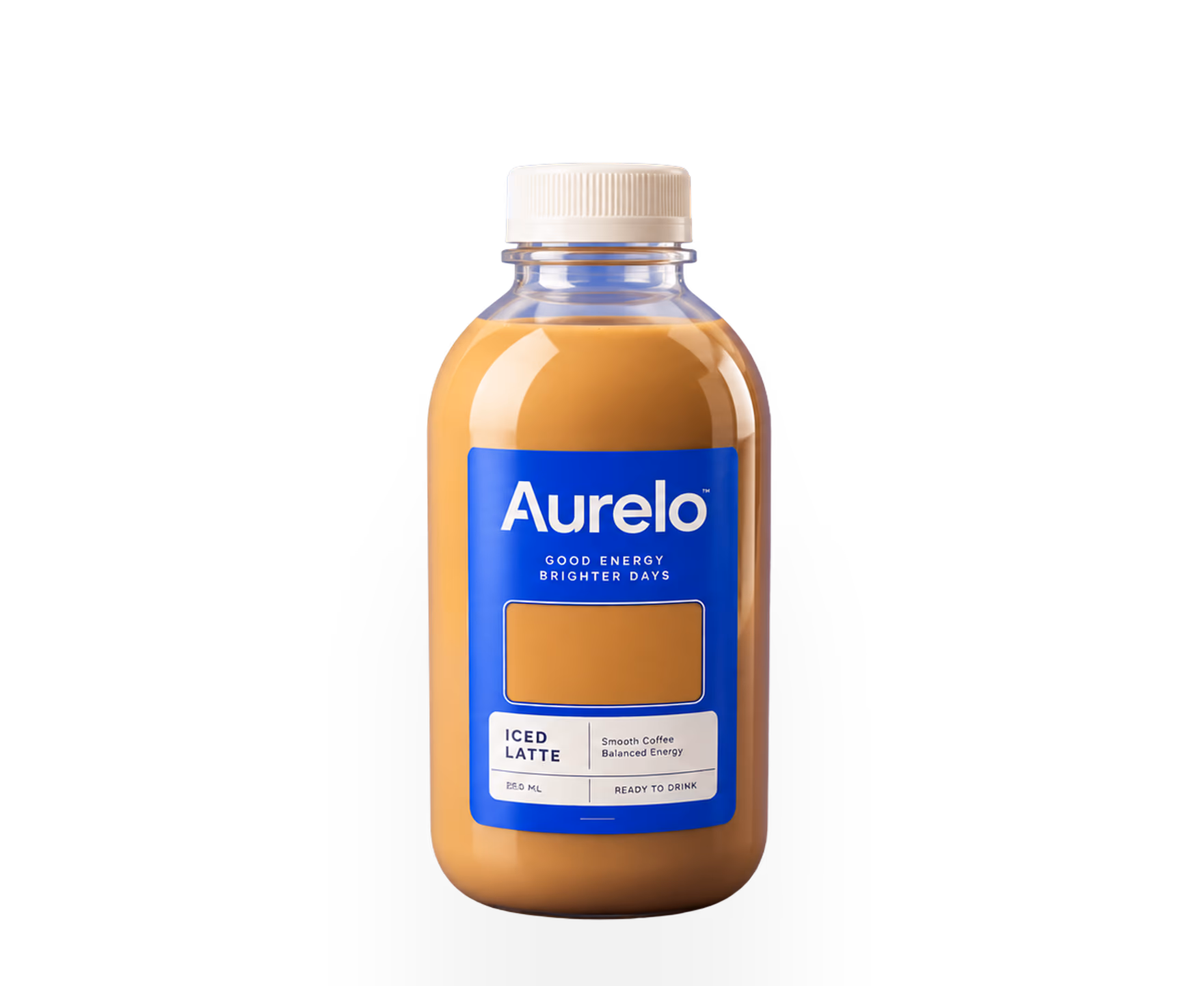 A bottle of Aurelo iced latte standing in front of the brand's name