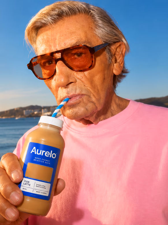 An older man in sunglasses drinking a bottle of Aurelo through a straw by the sea