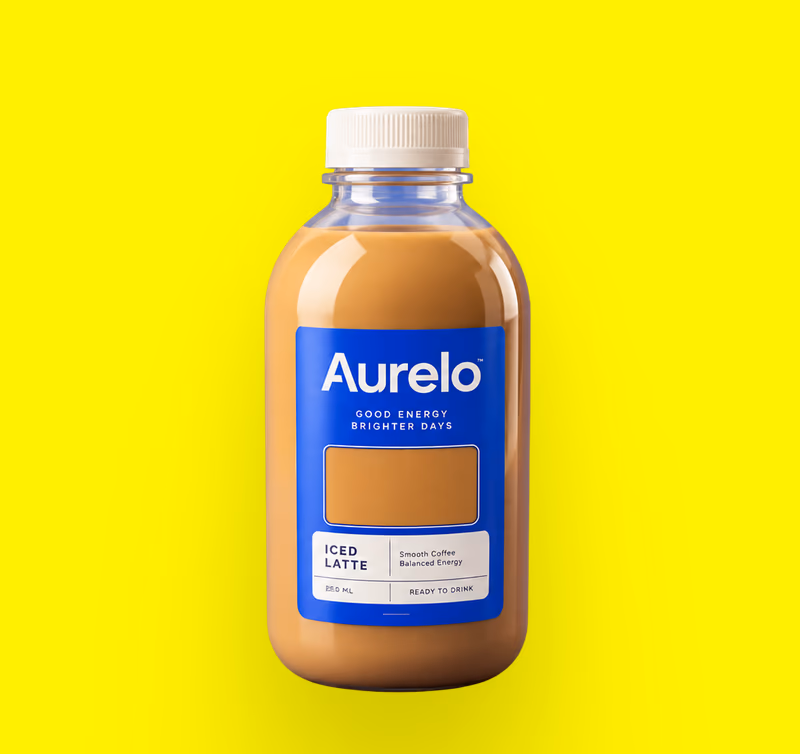 A bottle of Aurelo iced latte on a yellow background