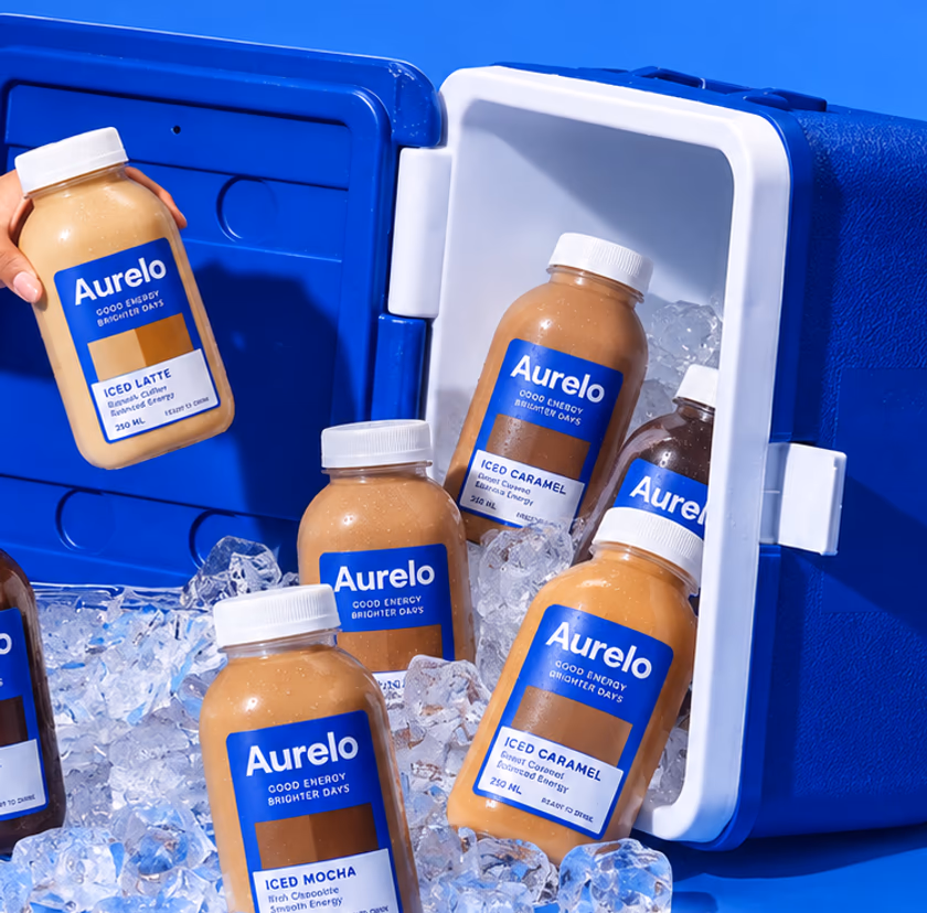 A hand lifting a bottle of Aurelo from a blue cooler full of bottles and ice